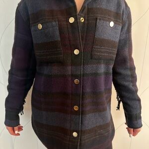 House of Harlow Women’s Plaid Jacket with Fringe- Black, Purple, Green